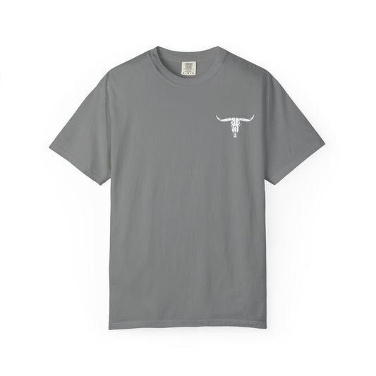 White Bull Skull T-Shirt — Subtle Embossed Longhorn Graphic